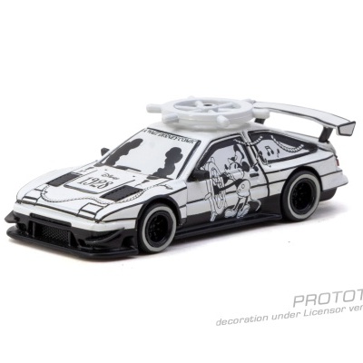 Miniatura de carro desportivo branco e preto com tema Disney 1928 e roda de timão no tejadilho
