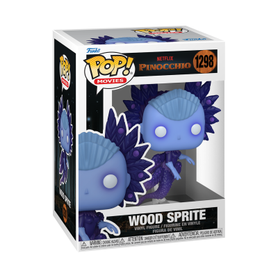 Figurina Wood Sprite Vinyl Pop! Movies Netflix Pinocchio azul e roxa na caixa