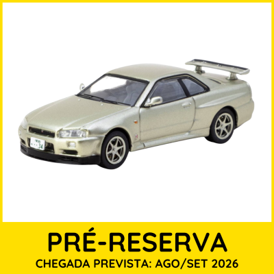 Miniatura de carro desportivo Nissan Skyline GT-R R34 prateado com spoiler traseiro