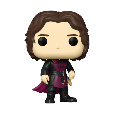 Figura Funko Pop masculina com roupa preta e detalhes roxos, cabelo castanho e objeto dourado na mão