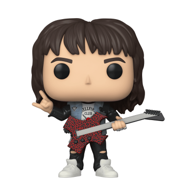 Figura Funko Pop com guitarra vermelha e casaco cinza com texto 'HELLFIRE CLUB'