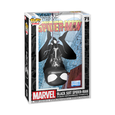 Funko Pop! Black Suit Spider-Man número 71 na caixa com fundo de banda desenhada