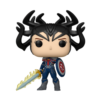 Figura Funko Pop com capacete preto com chifres, roupa azul, escudo Union Jack e espada dourada