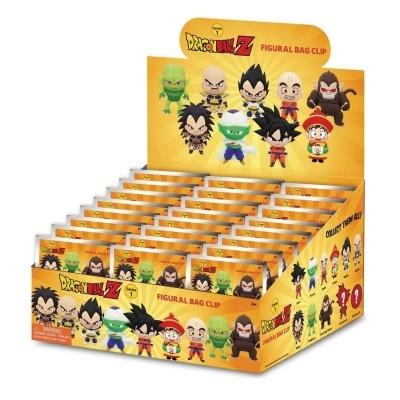 Expositor com 24 caixas de figuras colecionáveis Dragon Ball Z série 1 em amarelo e laranja
