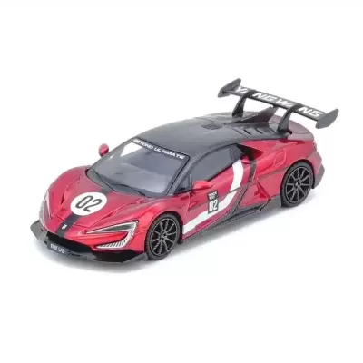 Carro desportivo miniatura vermelho e preto com número 02 e asa traseira