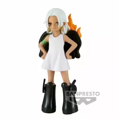 Figura de personagem com cabelo branco, vestido e botas pretas com asas e chamas
