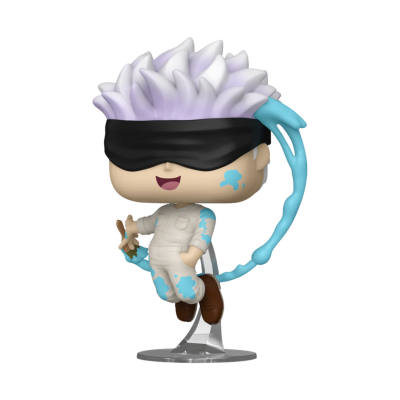 Figura estilo Funko Pop com cabelo branco e tapa-olhos, vestida com macacão branco manchado de azul