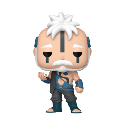 Figura Funko Pop personagem masculino cabelo branco roupa preta azul bigode olhos semicerrados