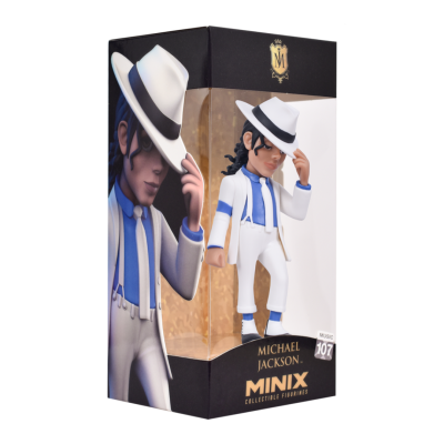 Figura colecionável Minix Michael Jackson com fato branco e chapéu dentro de caixa preta