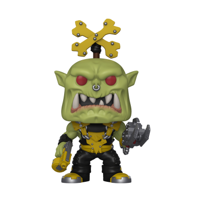 Figura colecionável de orc verde com roupa preta e amarela e acessórios de arma