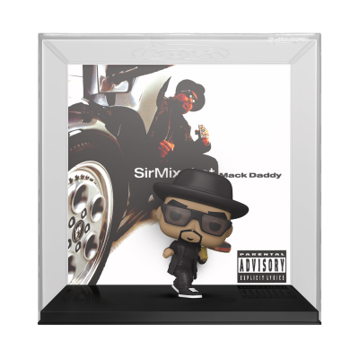 Funko Pop SirMix-a-Lot Mack Daddy em caixa de acrílico com arte do álbum ao fundo