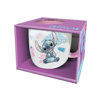 Caneca branca com Stitch azul, interior e pega rosa em caixa rosa com visor