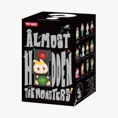 Caixa preta Pop Mart Almost Hidden The Monsters com figuras coloridas e selos vermelho e verde