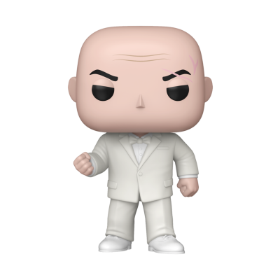 Boneco Funko Pop careca com fato branco e gravata borboleta.