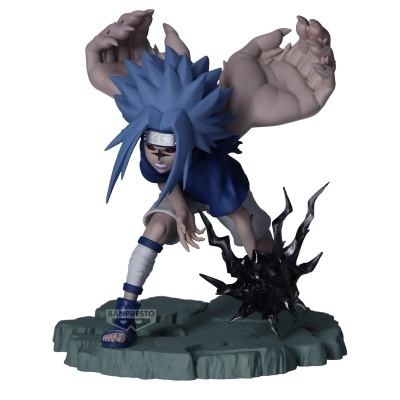 Figurine anime com cabelo azul e mãos grandes em pose dinâmica sobre base verde