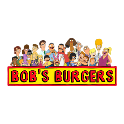 Personagens animados da série Bobs Burgers e letreiro amarelo com texto vermelho