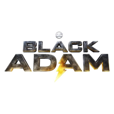 Logotipo do filme BLACK ADAM com letras metálicas e um símbolo de raio amarelo