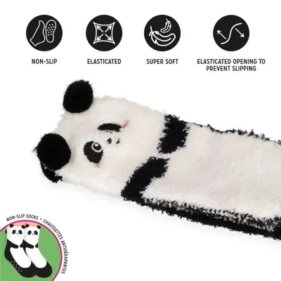 Meia antideslizante branca e preta com padrão de panda e orelhas 3D