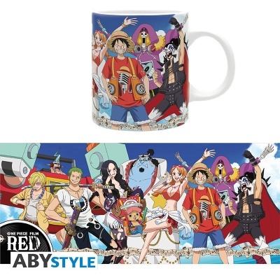 Caneca branca com ilustração colorida dos personagens do anime One Piece