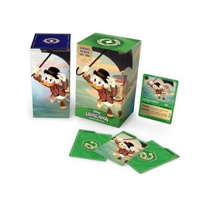 Conjunto de cartas Disney Lorcana com personagem Scrooge McDuck e embalagem verde e azul.