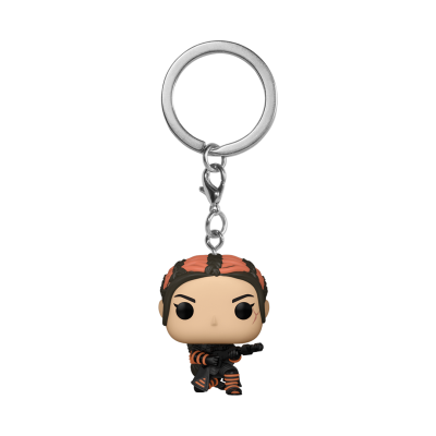 Chaveiro Funko Pop personagem roupa preta e laranja com arma e argola metálica