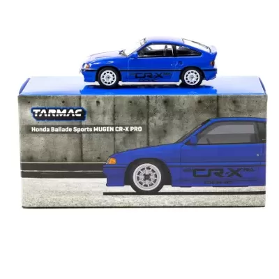 Miniatura de carro azul Honda Ballade Sports MUGEN CR-X PRO sobre caixa azul com texto