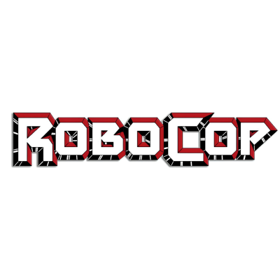 Logotipo da palavra ROBOCOP em estilo 3D com cores branco, vermelho e preto