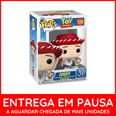 Funko Pop de Andy Toy Story na caixa com fundo azul e texto A ENTREGAR EM PAUSA