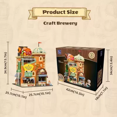 Brinquedo de construção cervejaria artesanal com rótulos e caixa ao lado