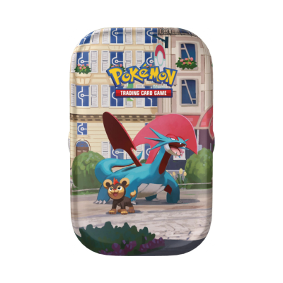 Estojo metálico decorado com personagens Pokémon Tonsal e Salamence com texto POKÉMON TRADING CARD GAME