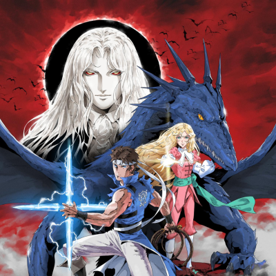 Arte anime com homem e mulher com um dragão azul e figura pálida de cabelo branco num céu vermelho