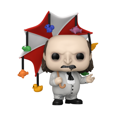 Figura Funko Pop de homem com guarda-chuva colorido e animais pendurados