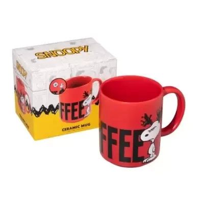 Caneca vermelha de cerâmica com Snoopy vestido de rena e caixa com logótipo SNOOPY