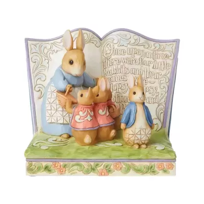 Figurine resina família coelhos roupas pastel livro aberto texto