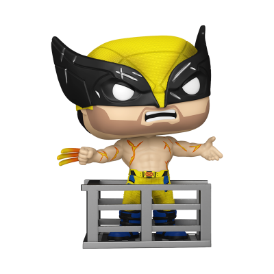 Funko Pop de Wolverine com máscara preta e amarela e calças amarelas e azuis numa estrutura metálica