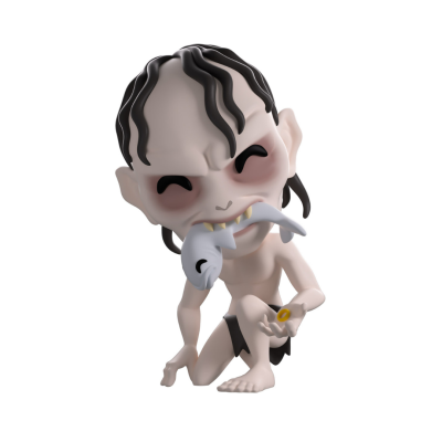 Figura colecionável de personagem ajoelhado com peixe na boca