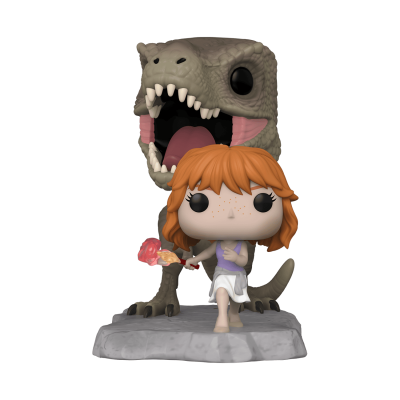 Figura Funko Pop de rapariga ruiva com dinossauro cinzento atrás