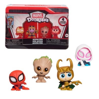 Figuras de ação Marvel Doorables com embalagens vermelho, branco e preto