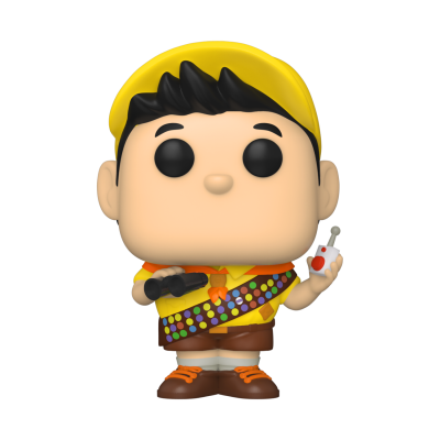 Figura Funko Pop de personagem masculina com roupa amarela e cinto colorido segurando rádio e binóculo