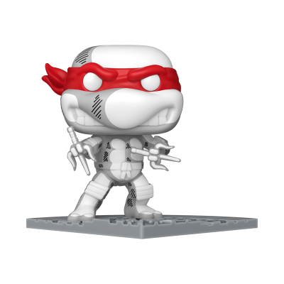 Figura Funko Pop personagem tartaruga ninja com máscara vermelha e base cinzenta