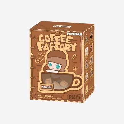 Caixa de brinquedo Pop Mart Coffee Factory com personagem numa chávena de café.