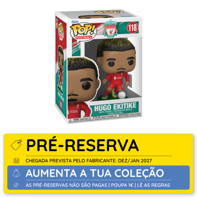 Boneco Funko Pop do jogador Hugo Ekitike com uniforme do Liverpool em caixa de exposição