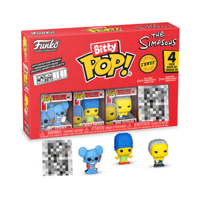 Conjunto de 4 figuras Funko Bitty Pop! de The Simpsons com personagens Itchy, Marge Simpson, Moe Szyslak.