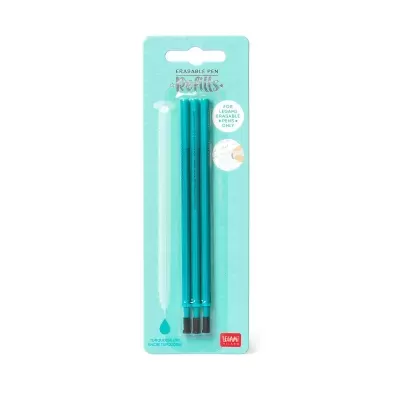 Pack de três recarregas turquesa para canetas apagáveis Legami em cartão azul claro