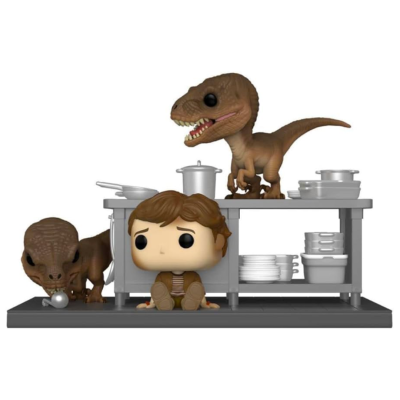 Figura colecionável de dinossauros e personagem numa cozinha de metal com panelas