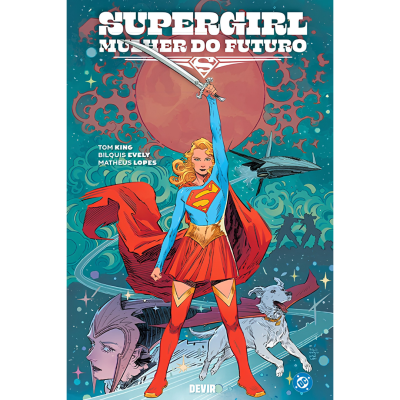 Capa da banda desenhada Supergirl Mulher do Futuro com personagem principal, cão e elementos espaciais.