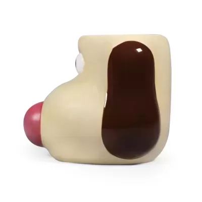 Caneca de cerâmica em forma de cabeça de cão, vista de perfil