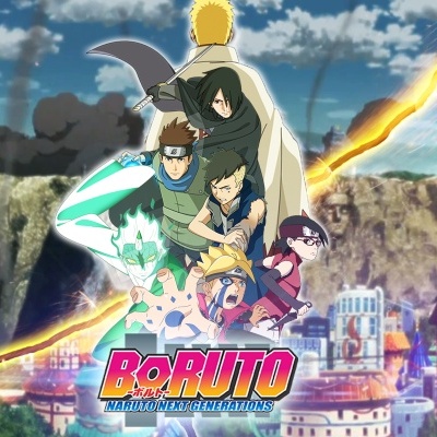 Imagem promocional da série anime Boruto: Naruto Next Generations com personagens e logotipo