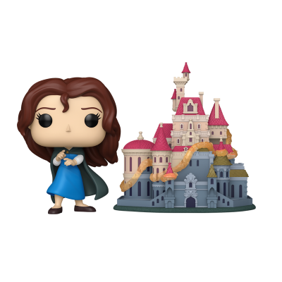 Funko Pop de personagem com vestido azul junto a castelo detalhado em cinza e rosa