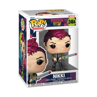 Boneco Funko Pop! Nikki de Stranger Things com casaco verde e arma com corrente.